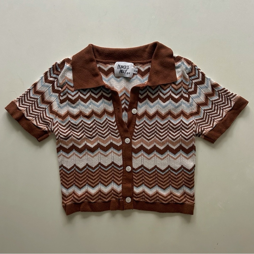 Princess Polly Brown Zigzag Knit Polo Top Cropped Short Sleeve Sweater Size S/M - Picture 1 of 7